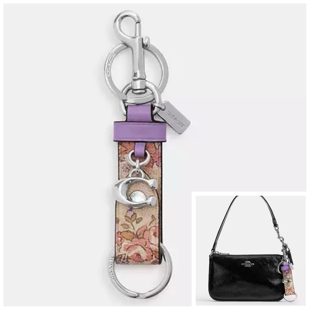 NWT Coach Trigger Snap Key Ring Bag Charm Purple and Floral Print